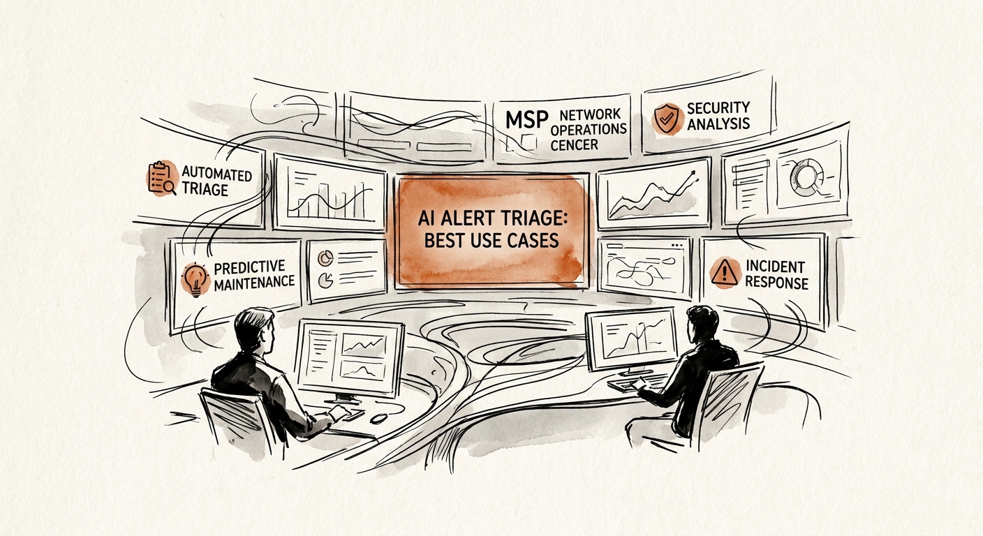 Managed service provider team reviewing AI use cases for alert triage, ticket summaries, knowledge retrieval, reporting, and escalations.