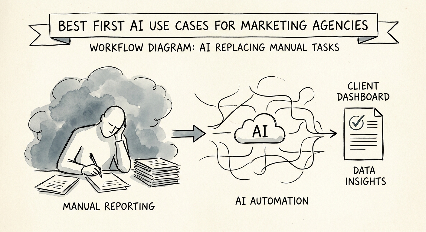 Marketing agency first AI workflow map showing brief intake, campaign reporting, account research, creative review, and client follow-up.