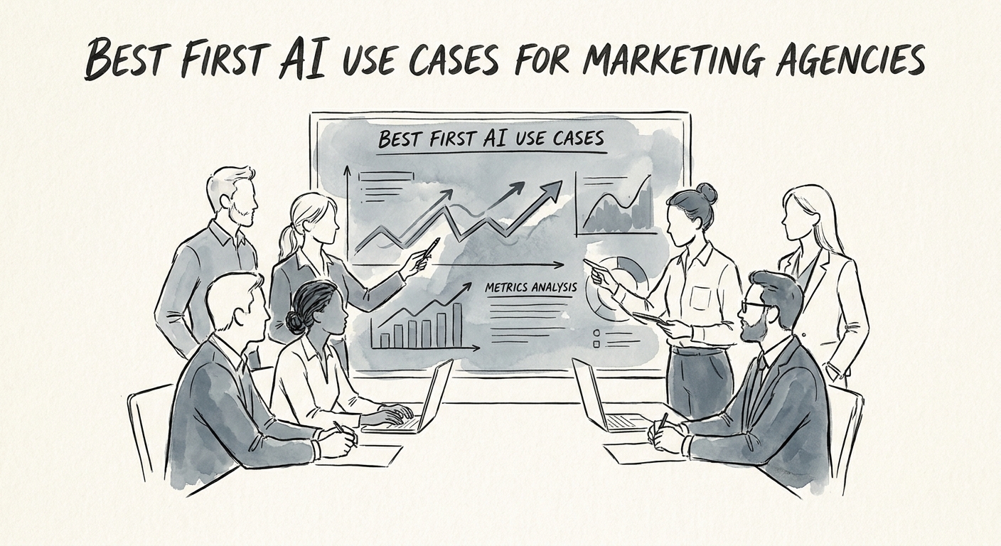 Marketing agency team reviewing AI use cases for brief intake, campaign reporting, account research, creative QA, and follow-up.