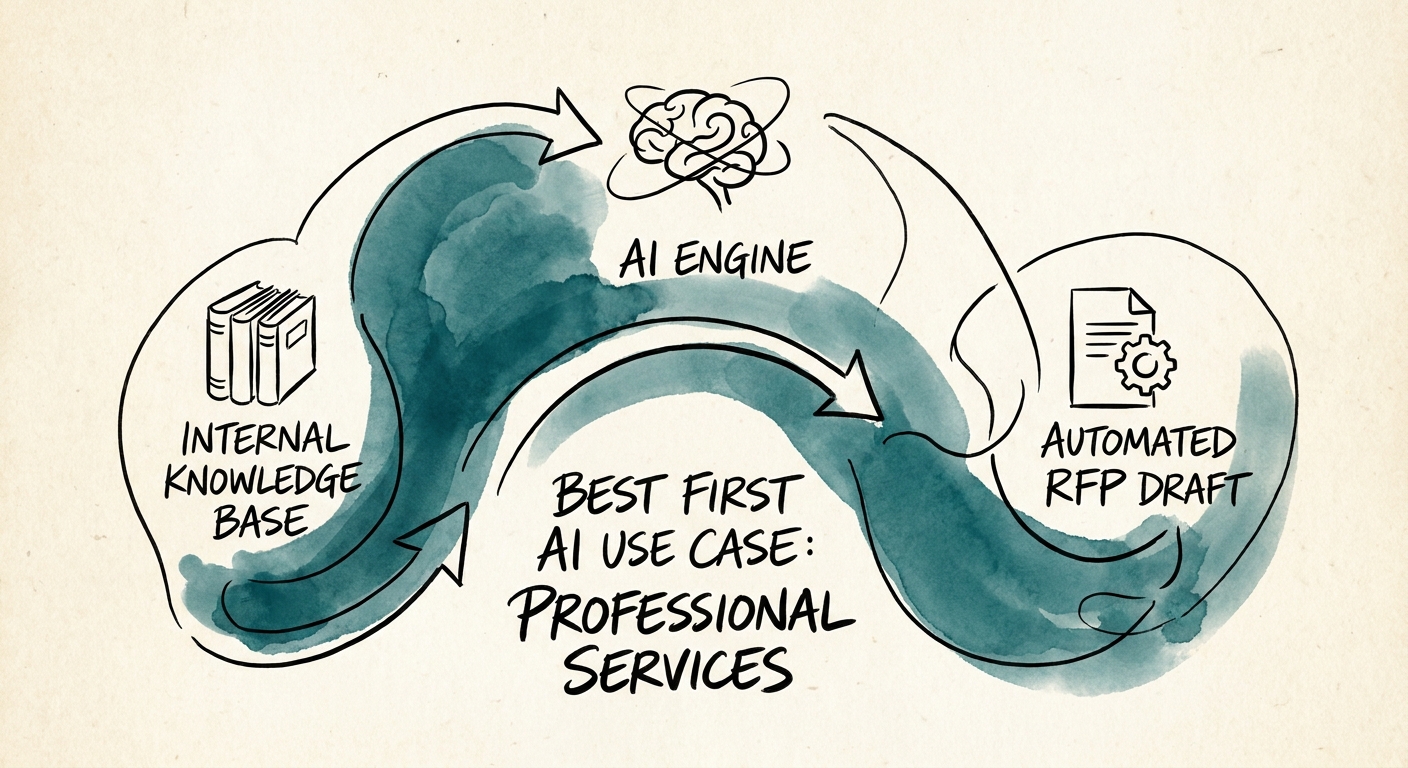 Professional services AI workflow map connecting source material, AI preparation, human review, and margin measurement.