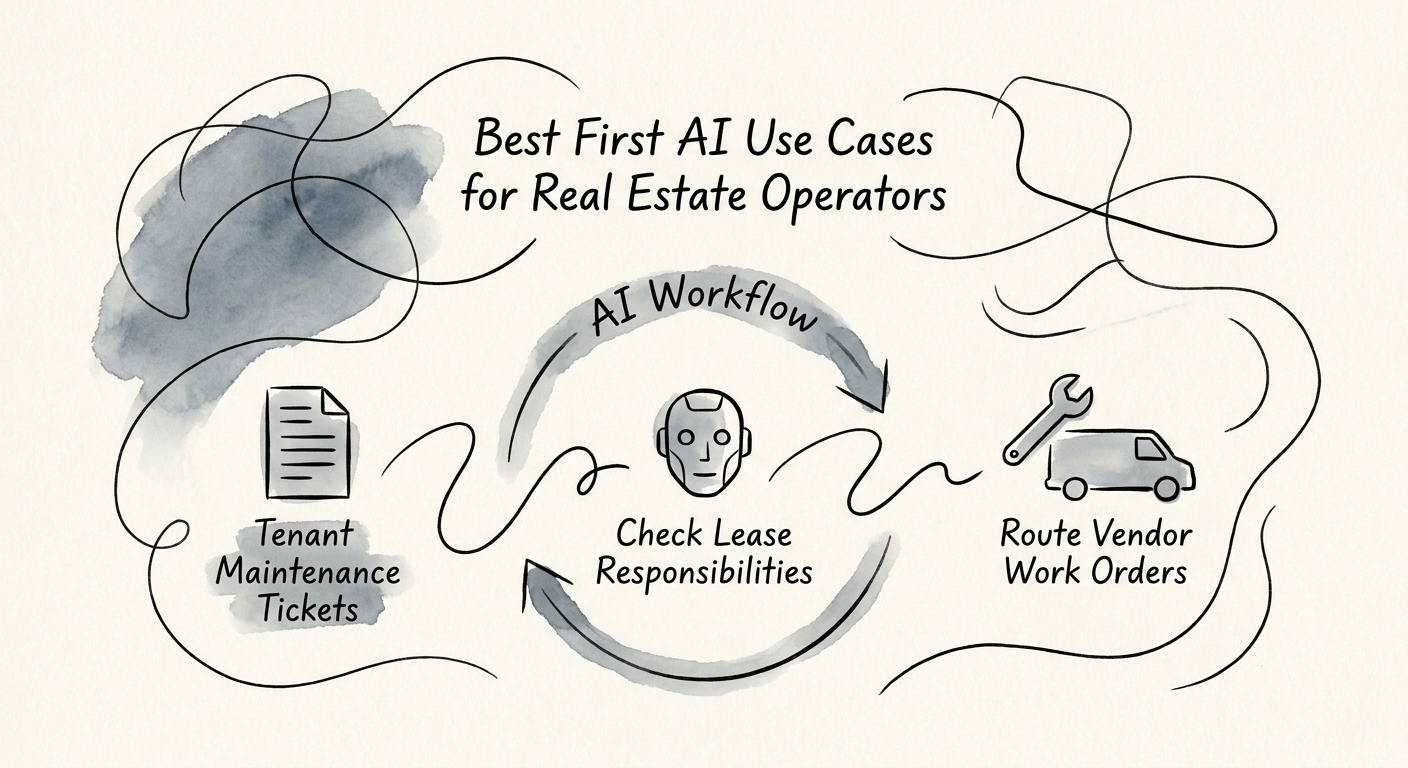 Operating model for document intake, vendor follow-up, tenant communication, and reporting showing sources, reviewers, controls, and ROI measures.