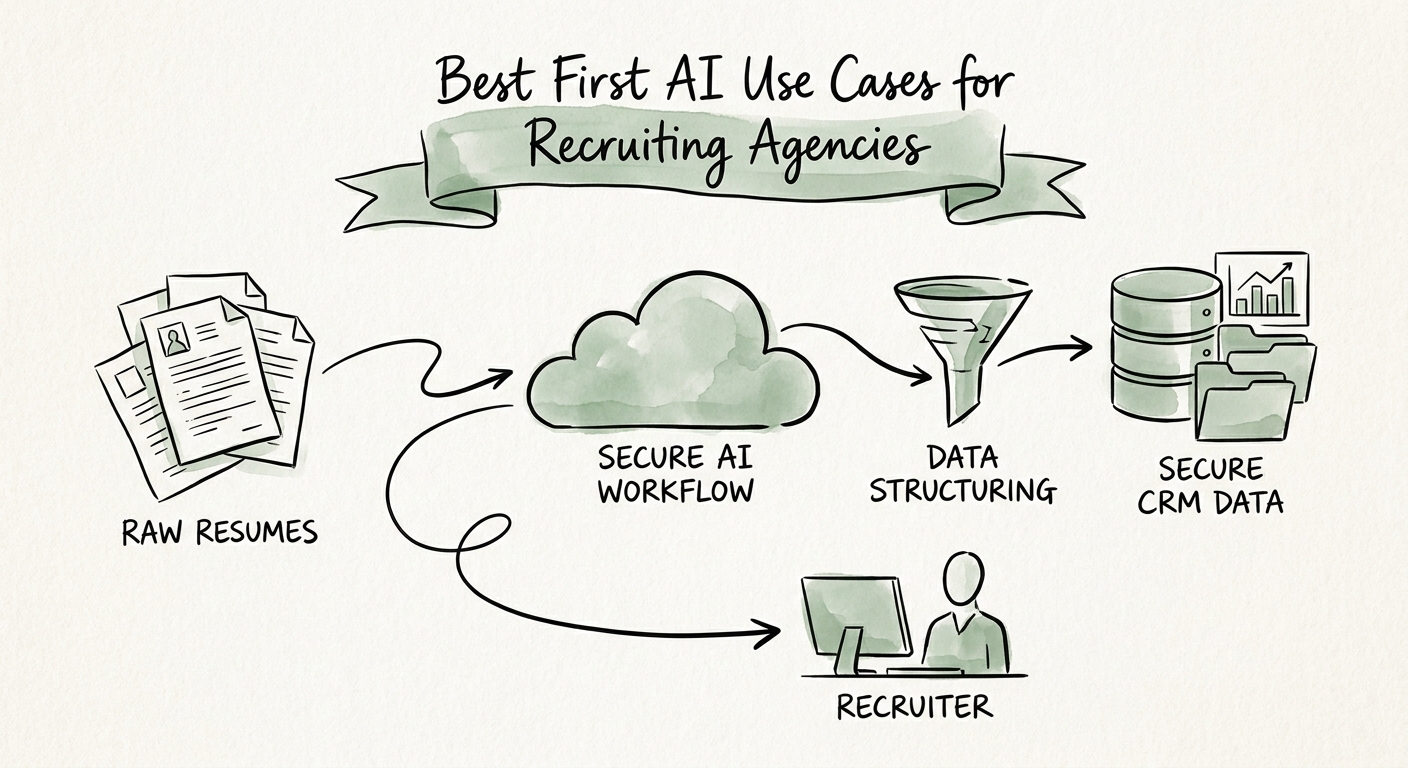 AI workflow map for candidate intake, recruiter review, and CRM updates.