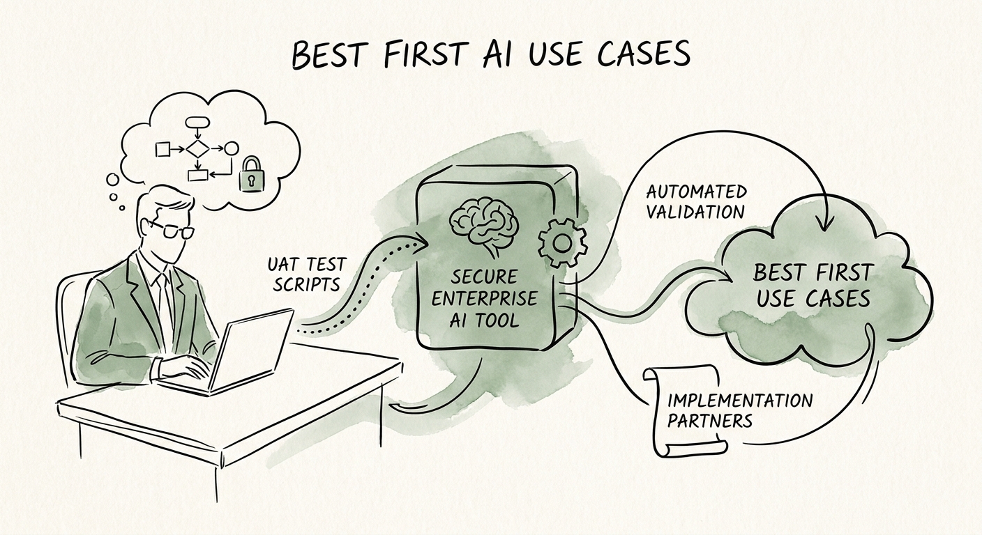 Implementation partner AI workflow map showing requirements, configuration, test evidence, status reporting, retrieval, and delivery approval.