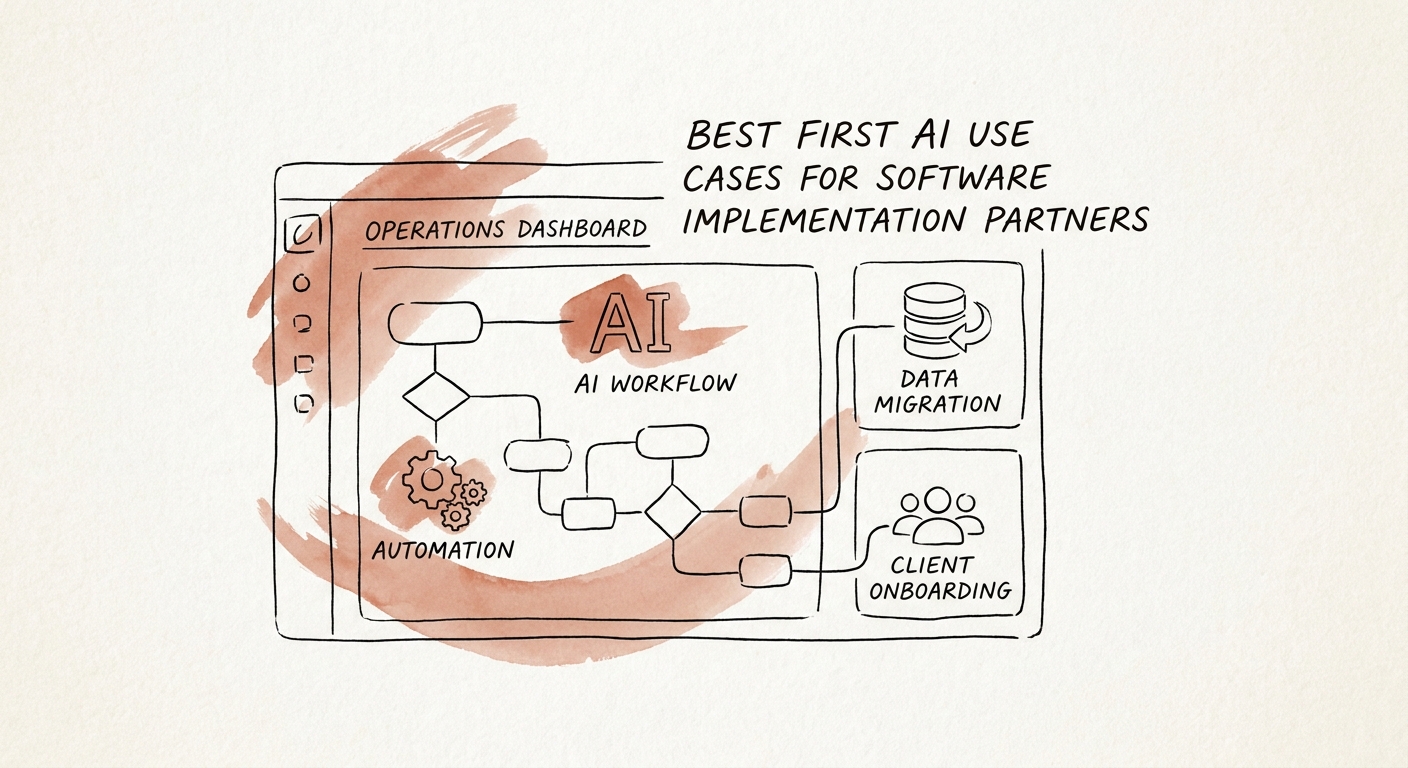 Software implementation team reviewing AI workflows for requirements intake, configuration notes, testing evidence, status reporting, and knowledge retrieval.