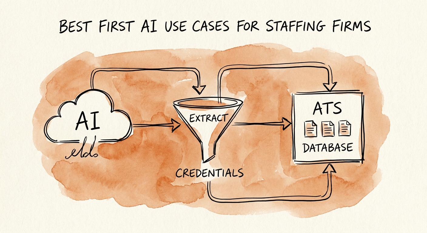 Workflow diagram showing AI-assisted staffing operations with recruiter review.