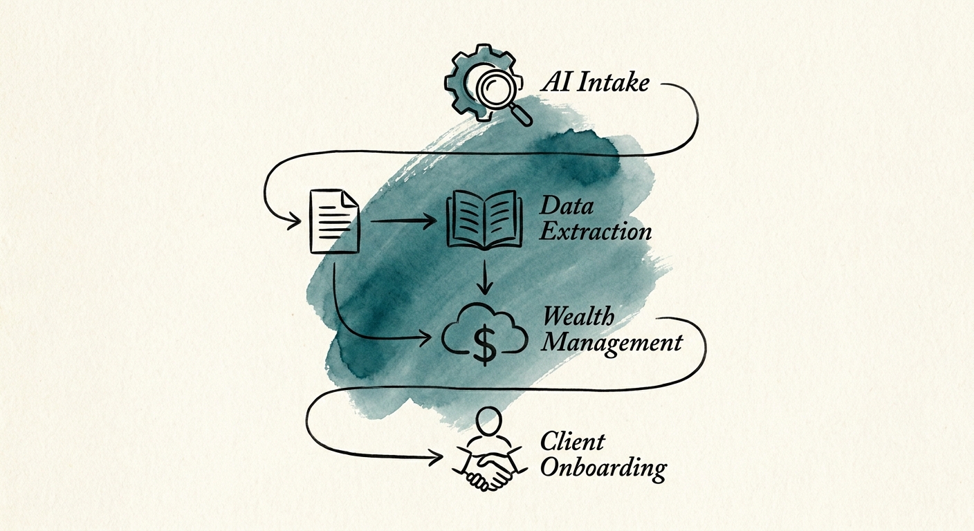 Advisor-support AI workflow showing approved source material, client record boundary, supervisory review, and follow-up restriction.