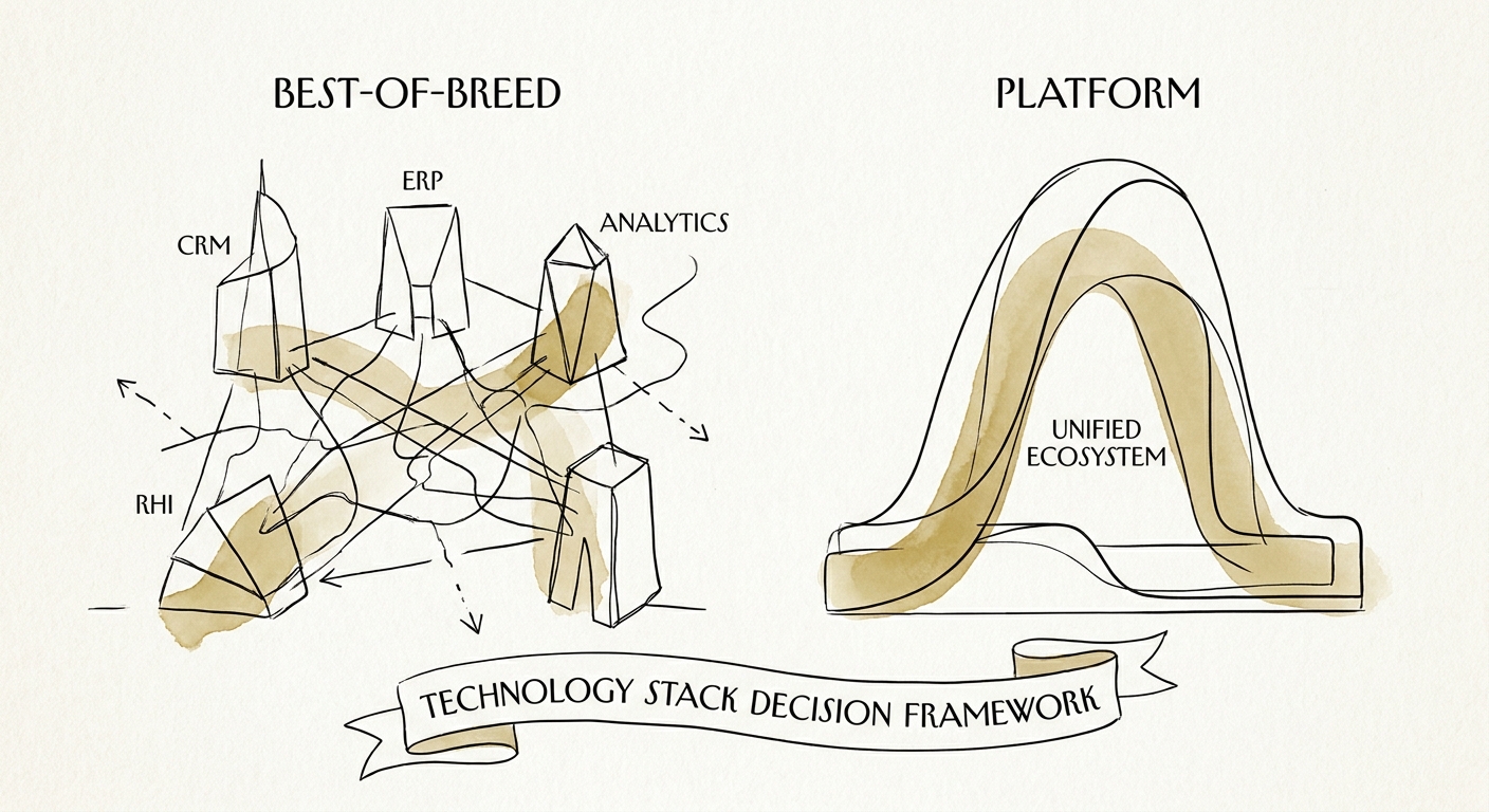 A complex technology architecture diagram highlighting the brittle integration points of a best-of-breed stack