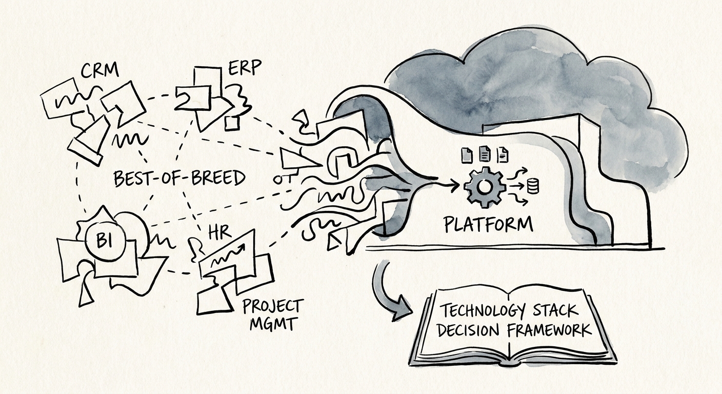 Abstract representation of a unified platform resolving fragmented best-of-breed software systems
