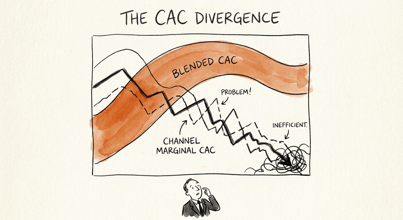 A dashboard showing the stark divergence between blended CAC and channel-specific marginal CAC in B2B SaaS.