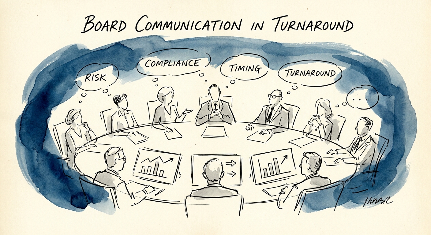 A board of directors reviewing technology risk and compliance dashboards during a distressed turnaround presentation.
