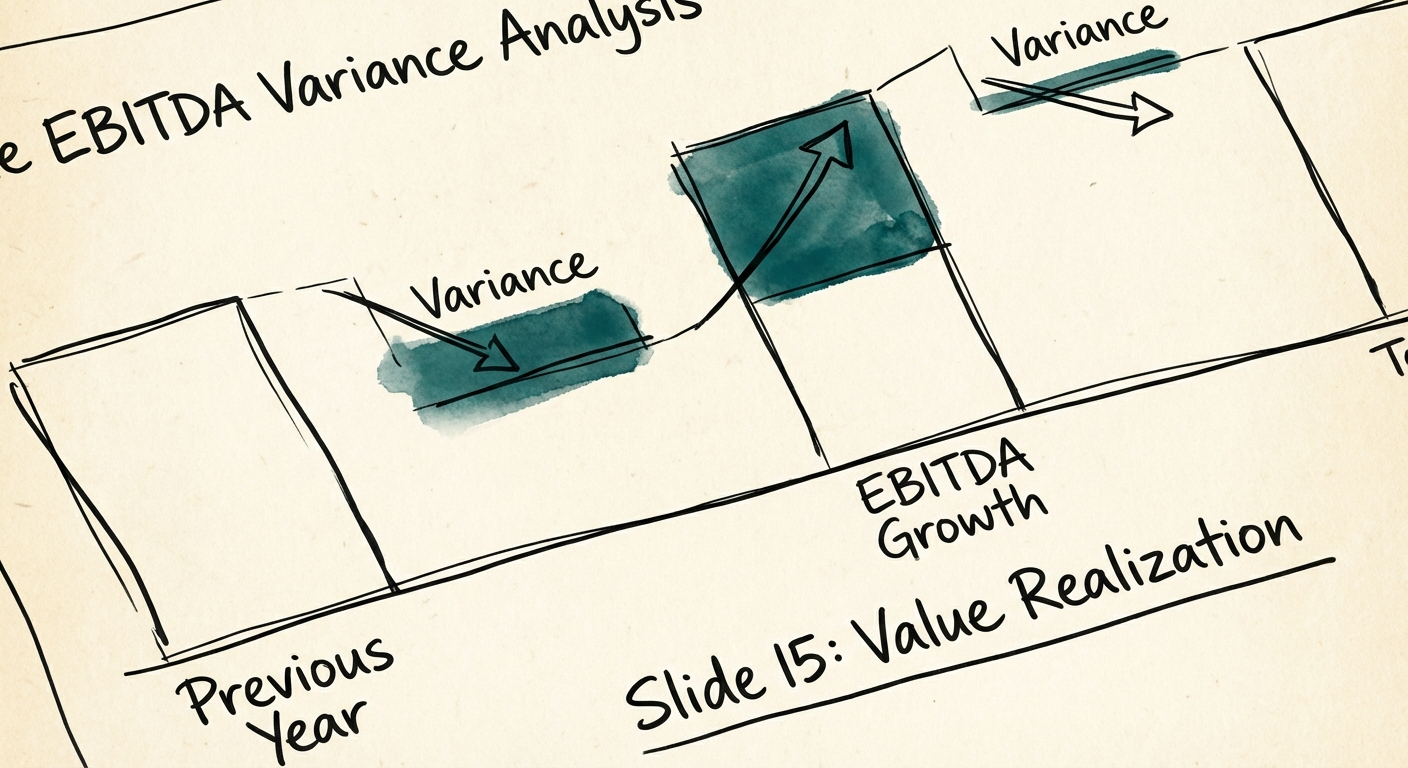 Visual diagram of a 'Value Creation Bridge' chart showing EBITDA variance analysis.