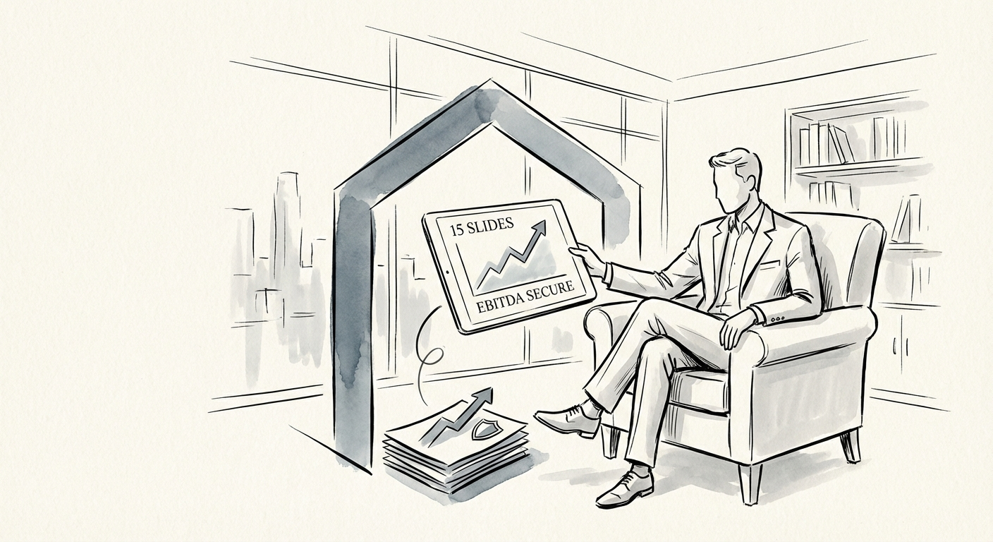 Private Equity Operating Partner reviewing a concise 15-slide board deck on a tablet.
