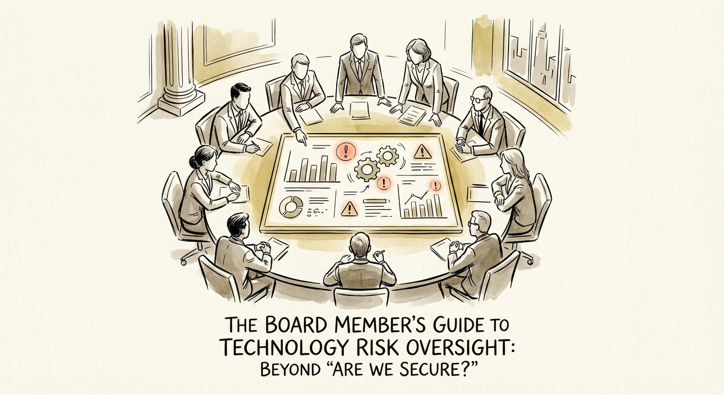 Board of directors analyzing cybersecurity risk dashboard with red indicators