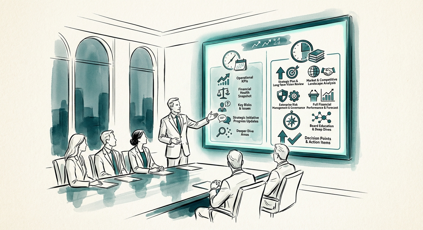Boardroom executive presenting data on a digital screen to investors