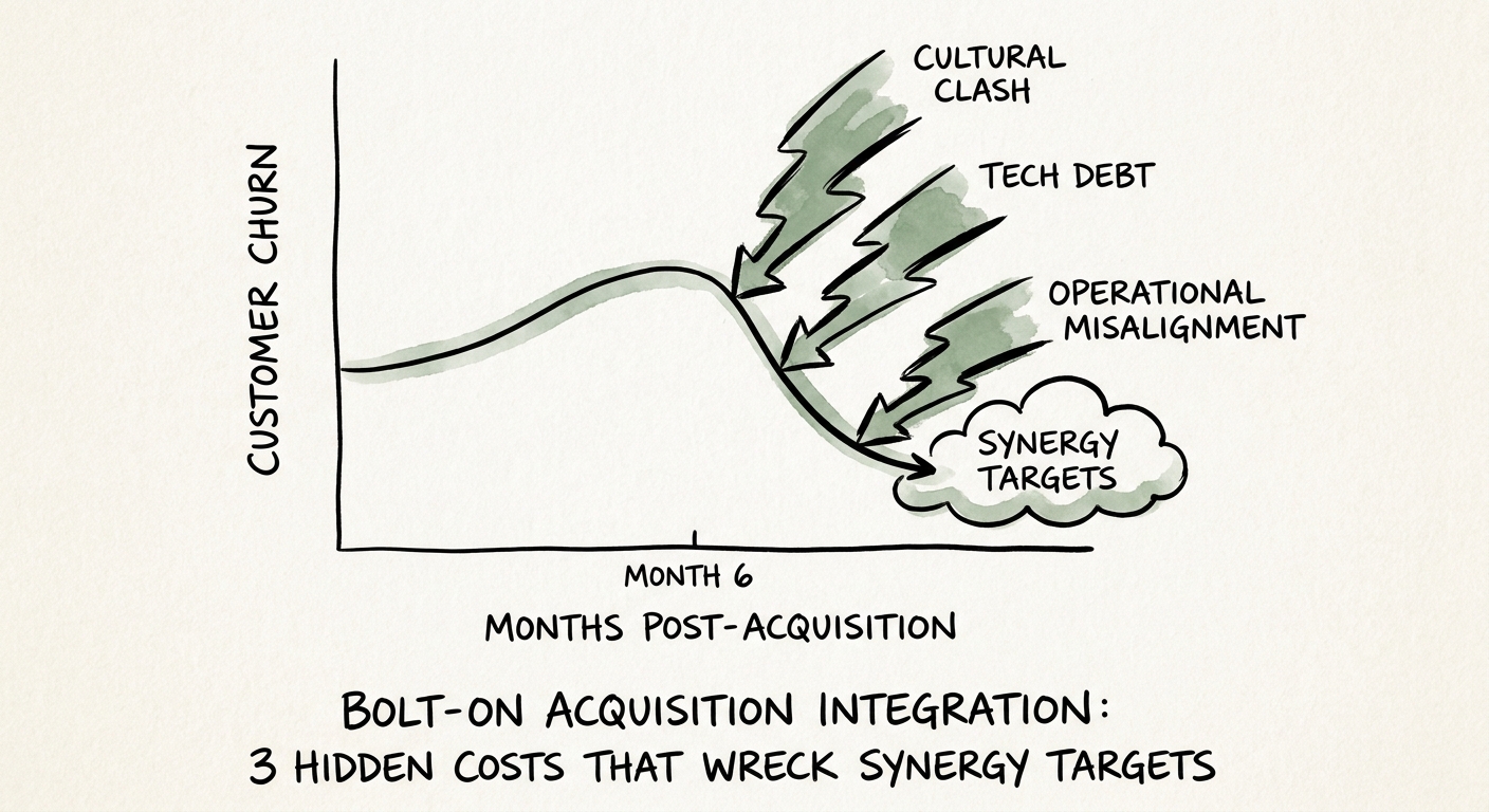Graph showing the month 6 customer churn cliff in bolt-on M&A integrations.