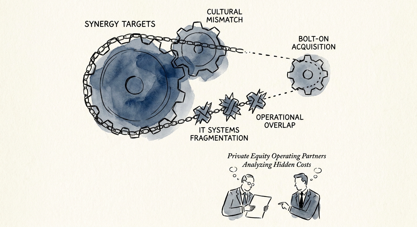 Private equity operating partners analyzing bolt-on acquisition integration costs and synergy targets.
