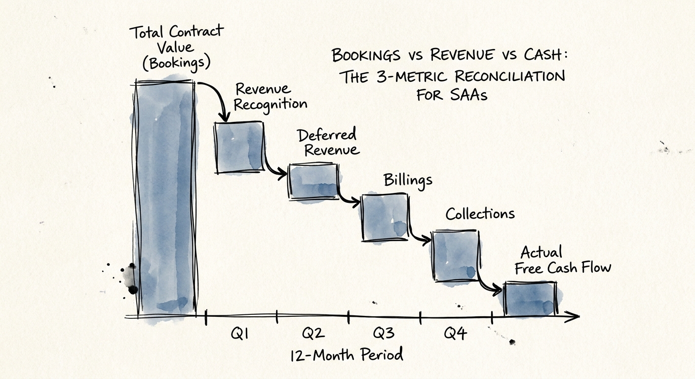 A waterfall chart bridging Total Contract Value bookings to actual free cash flow generation over a 12-month period.