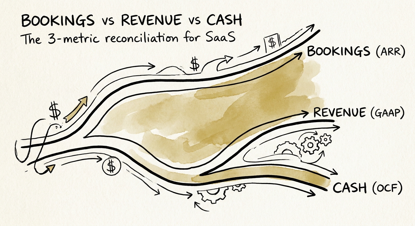A financial dashboard showing a widening gap between booked ARR, recognized GAAP revenue, and operating cash flow.