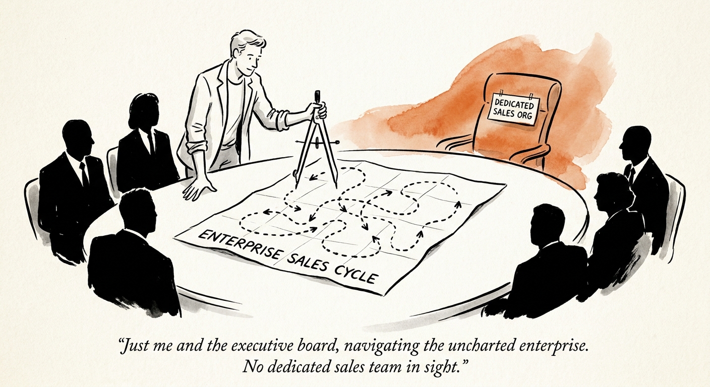 A founder leading an executive boardroom meeting to close an enterprise software deal