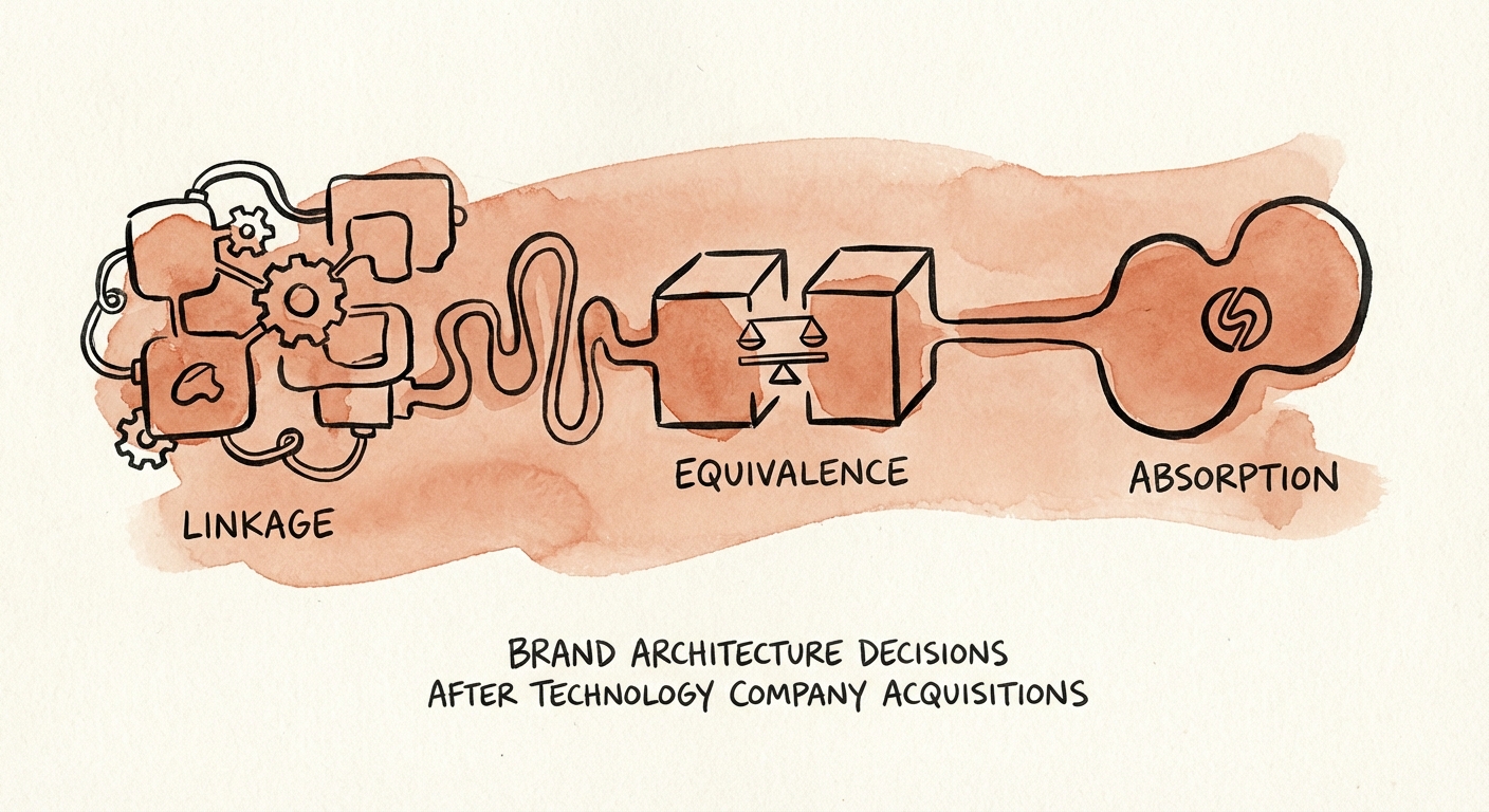 Timeline of brand migration phases from Linkage to Equivalence to Absorption.