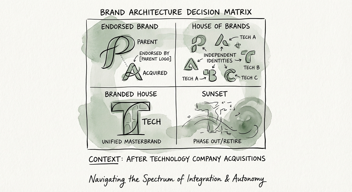 Brand Architecture Decision Matrix showing quadrants for Endorsed Brand, House of Brands, Branded House, and Sunset strategies.