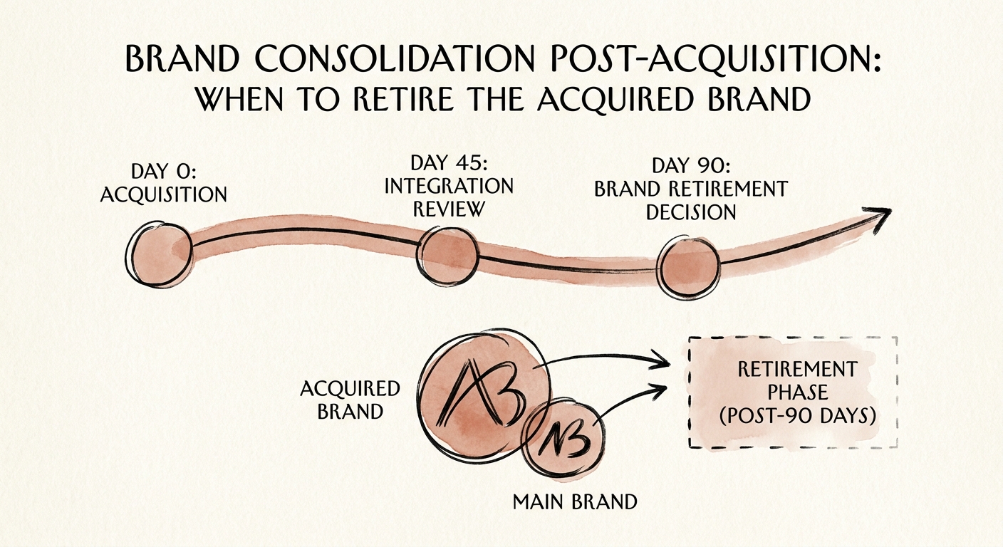 Diagram showing the 90-day transitional framework for retiring an acquired brand post-merger