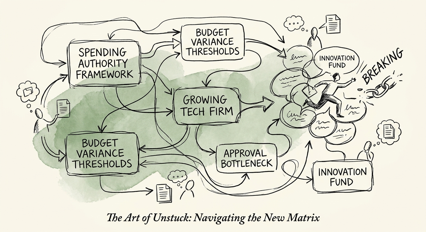 Diagram of a matrixed spending authority framework with budget variance thresholds.