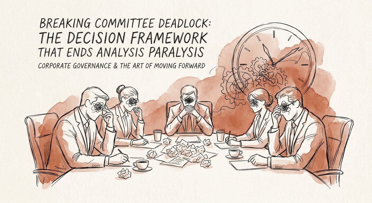 A corporate steering committee sitting in a deadlocked boardroom meeting, representing analysis paralysis and delayed governance decisions.