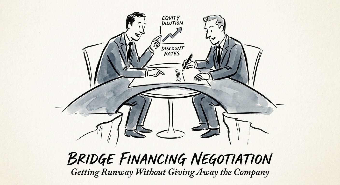 Chart showing equity dilution impact of bridge financing discount rates and warrants