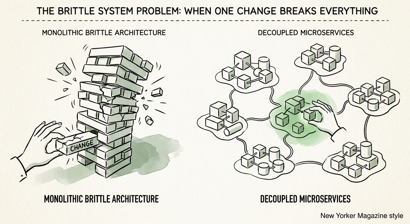 Comparison of a monolithic brittle architecture versus a decoupled microservices environment highlighting deployment isolation.