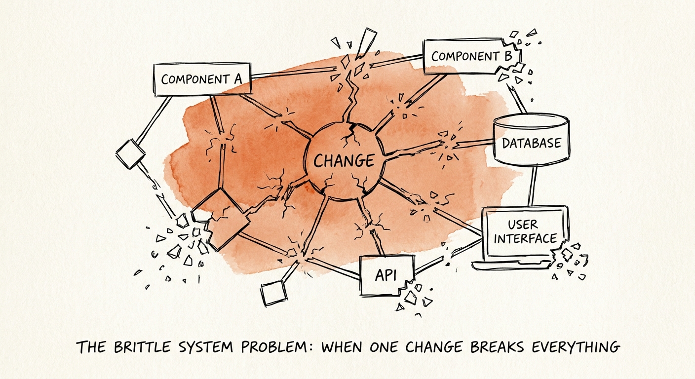 A fragile, interconnected system graphic demonstrating cascading failures when a single architectural node is modified.