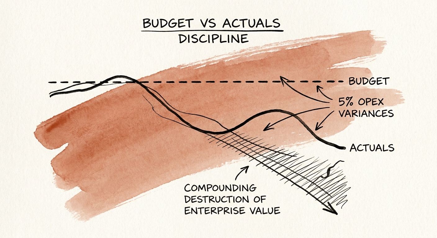 Line graph showing the compounding destruction of enterprise value caused by unaddressed 5 percent monthly OPEX variances.