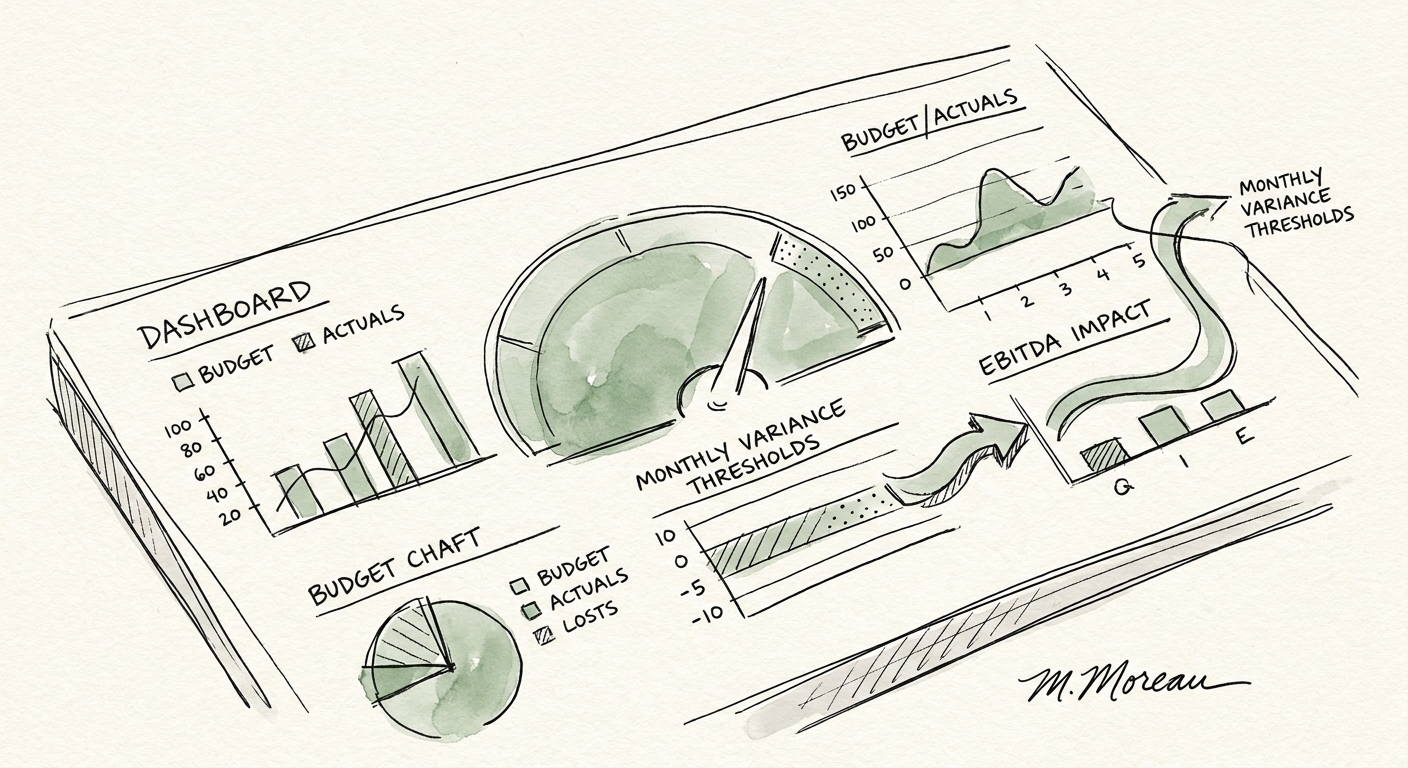 Dashboard displaying strict monthly budget vs actuals variance thresholds and EBITDA impact.