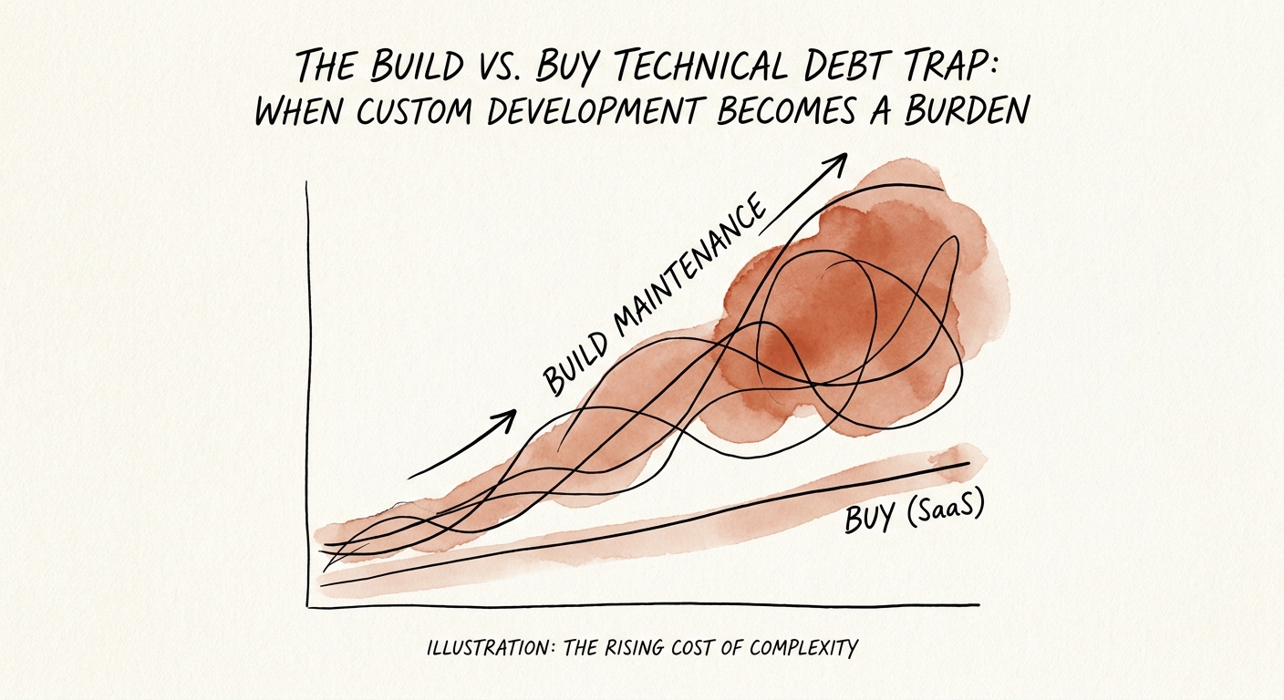 Graph showing the exponentially rising maintenance costs of custom built internal tools versus SaaS alternatives