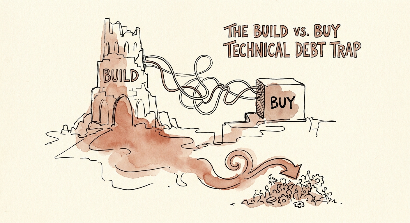 Abstract visualization of custom software technical debt bleeding engineering capacity