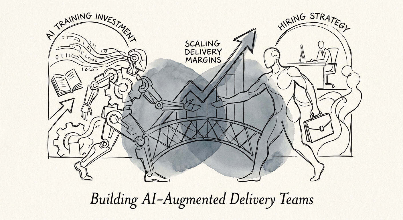Abstract representation of AI training intersecting with human domain expertise to scale delivery margins.
