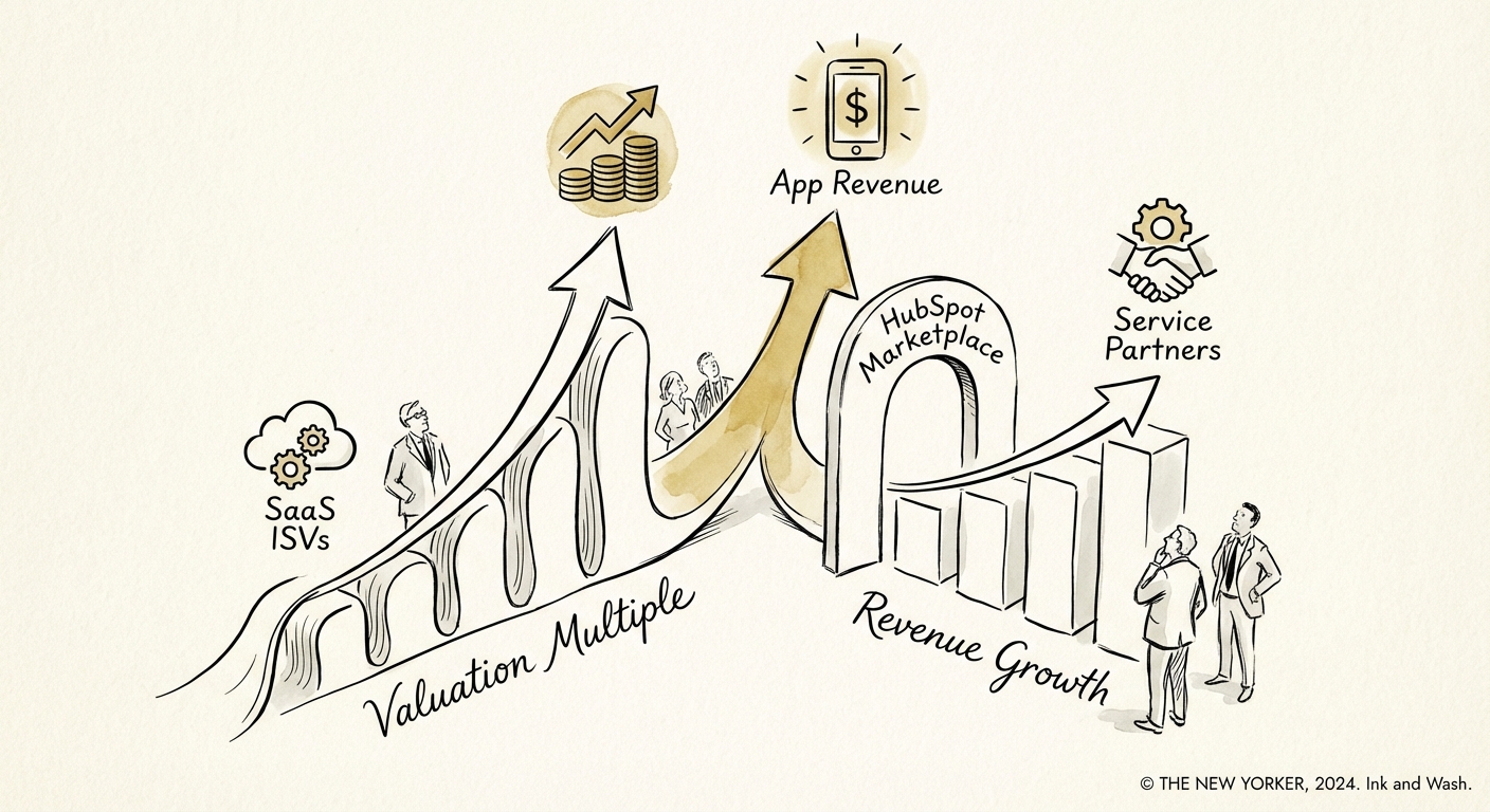Graph comparing valuation multiples of SaaS ISVs versus Service Partners in the HubSpot ecosystem