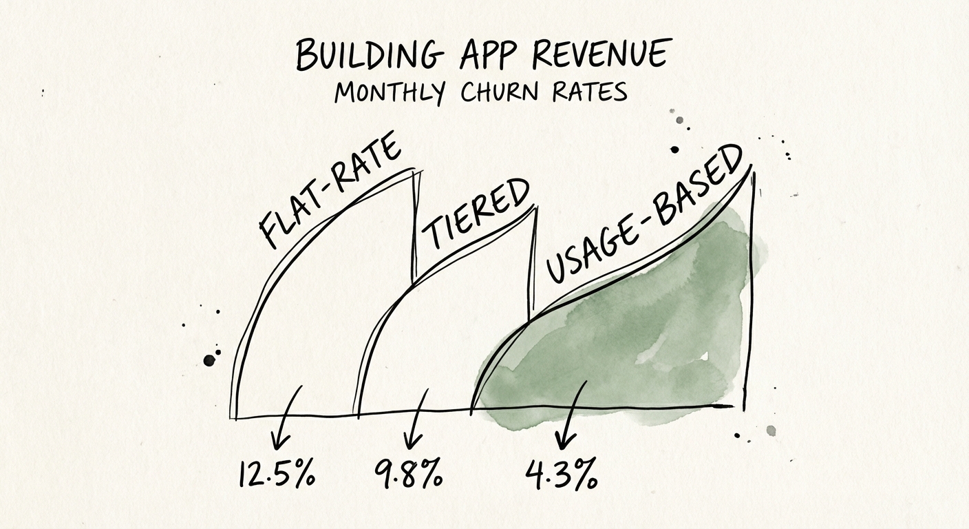 Comparison chart of monthly churn rates for Shopify apps: Flat-rate (12.5%) vs Tiered (9.8%) vs Usage-based (4.3%).