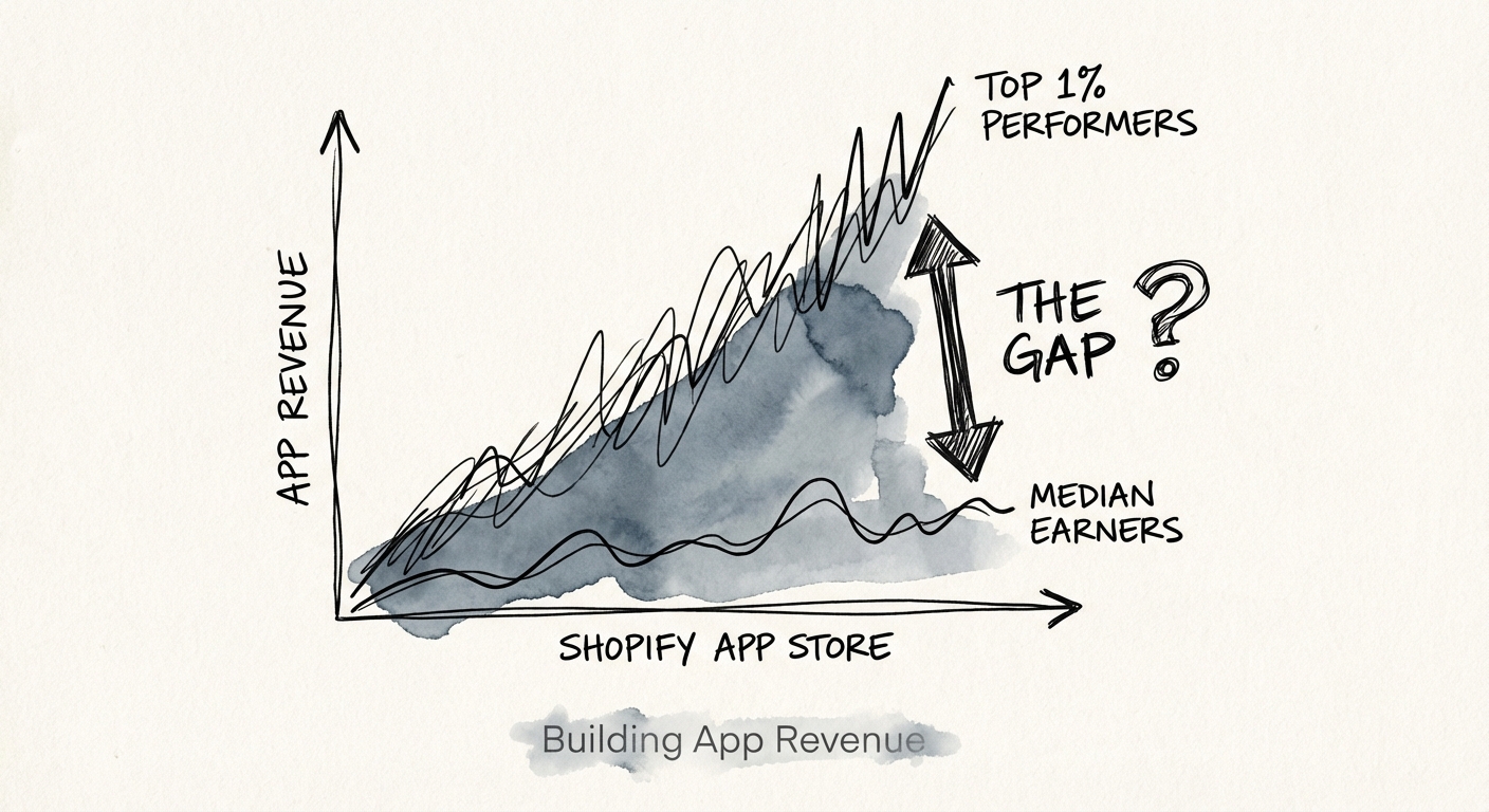 Graph showing the revenue distribution of Shopify apps, highlighting the gap between median earners and top 1% performers.
