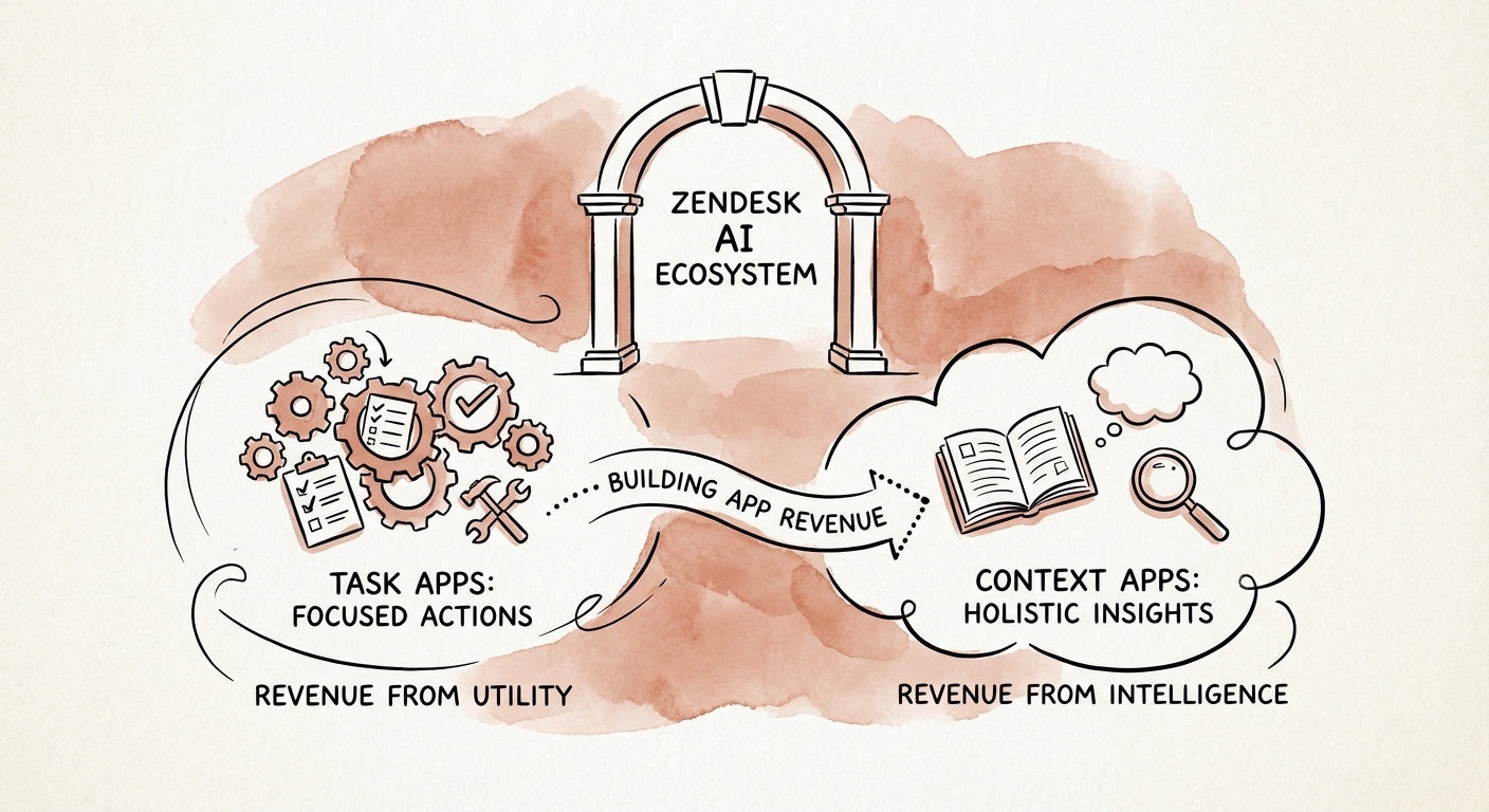 Diagram showing the difference between 'Task' apps and 'Context' apps in the Zendesk AI ecosystem