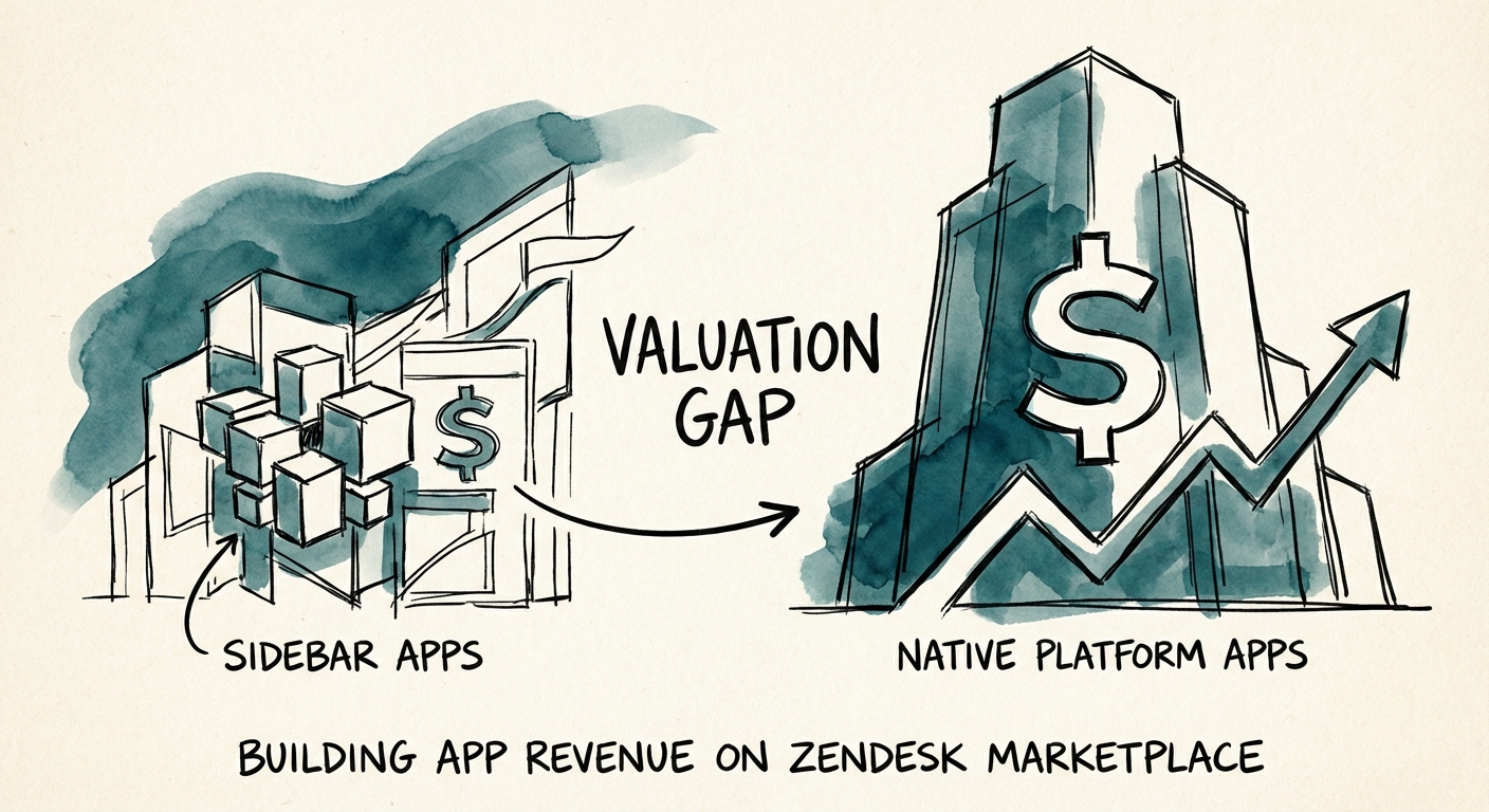 Visual comparison of Zendesk Sidebar Apps versus Native Platform Apps showing valuation multiple gap