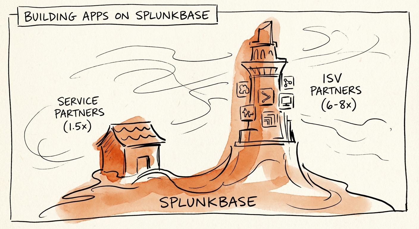 Comparison chart showing valuation multiples of Splunk Service Partners (1.5x) vs. Splunk ISV Partners (6-8x).