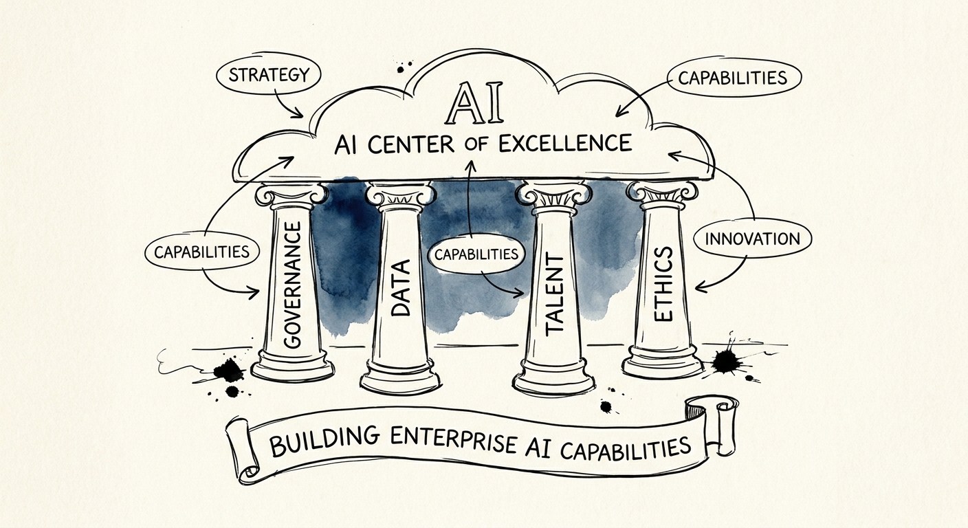 A corporate governance diagram showing the structured pillars of an AI Center of Excellence