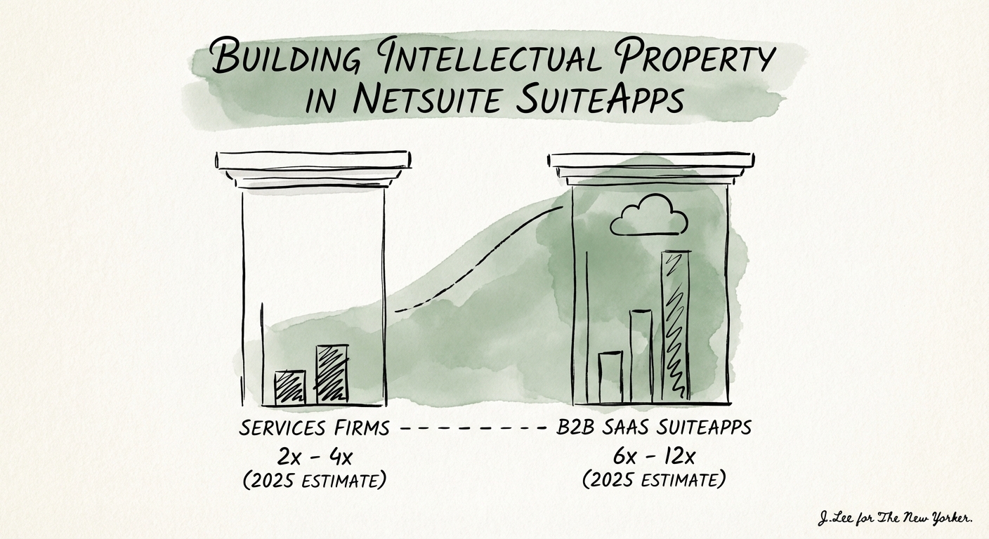 Chart comparing valuation multiples of Professional Services firms versus B2B SaaS SuiteApps in 2025.