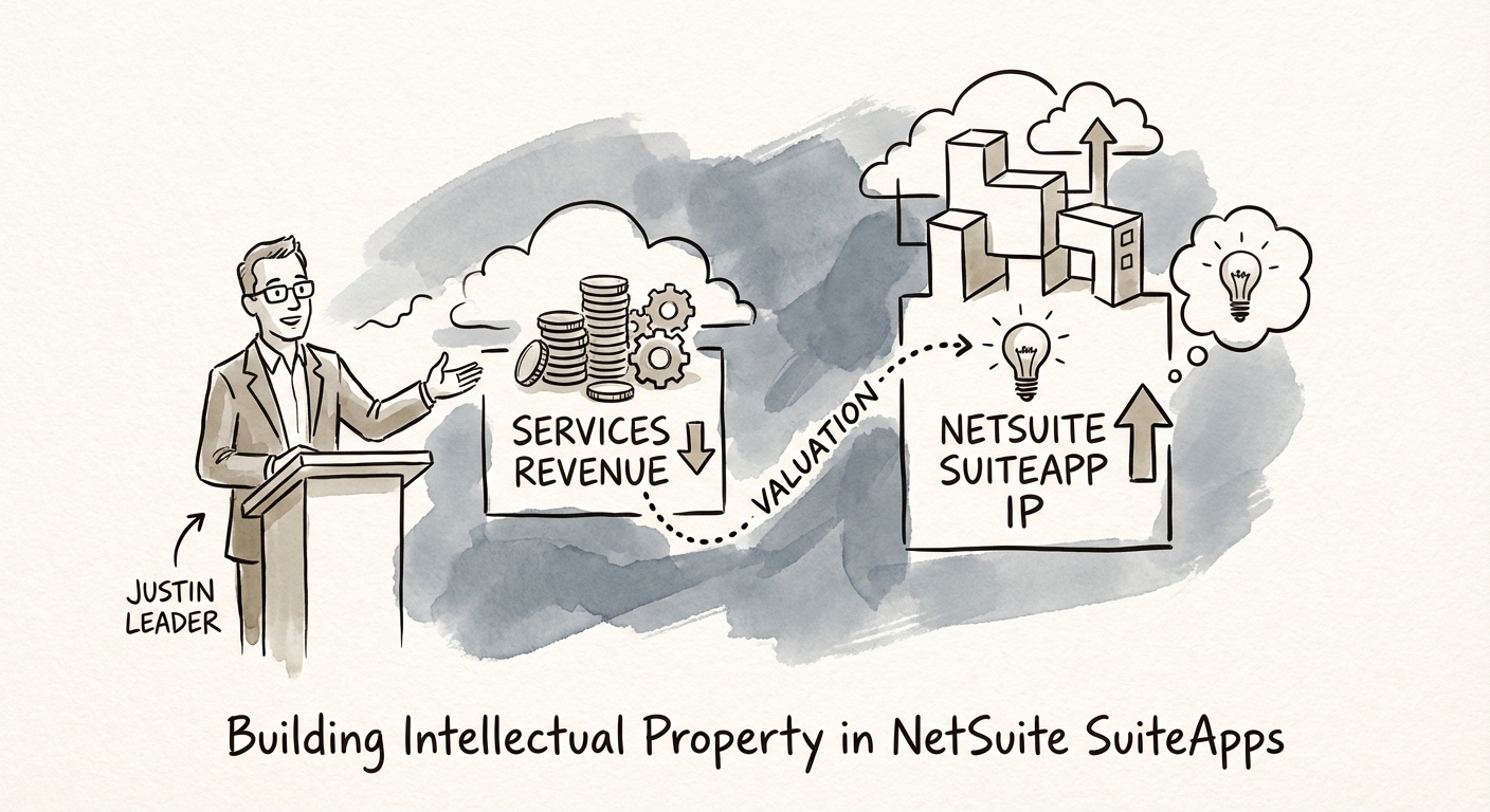 Justin Leader explaining the valuation difference between services revenue and NetSuite SuiteApp intellectual property.