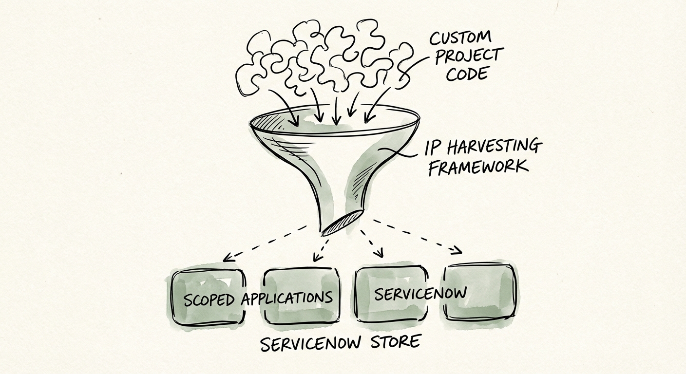 Diagram of the IP Harvesting Framework: Converting custom project code into scoped applications