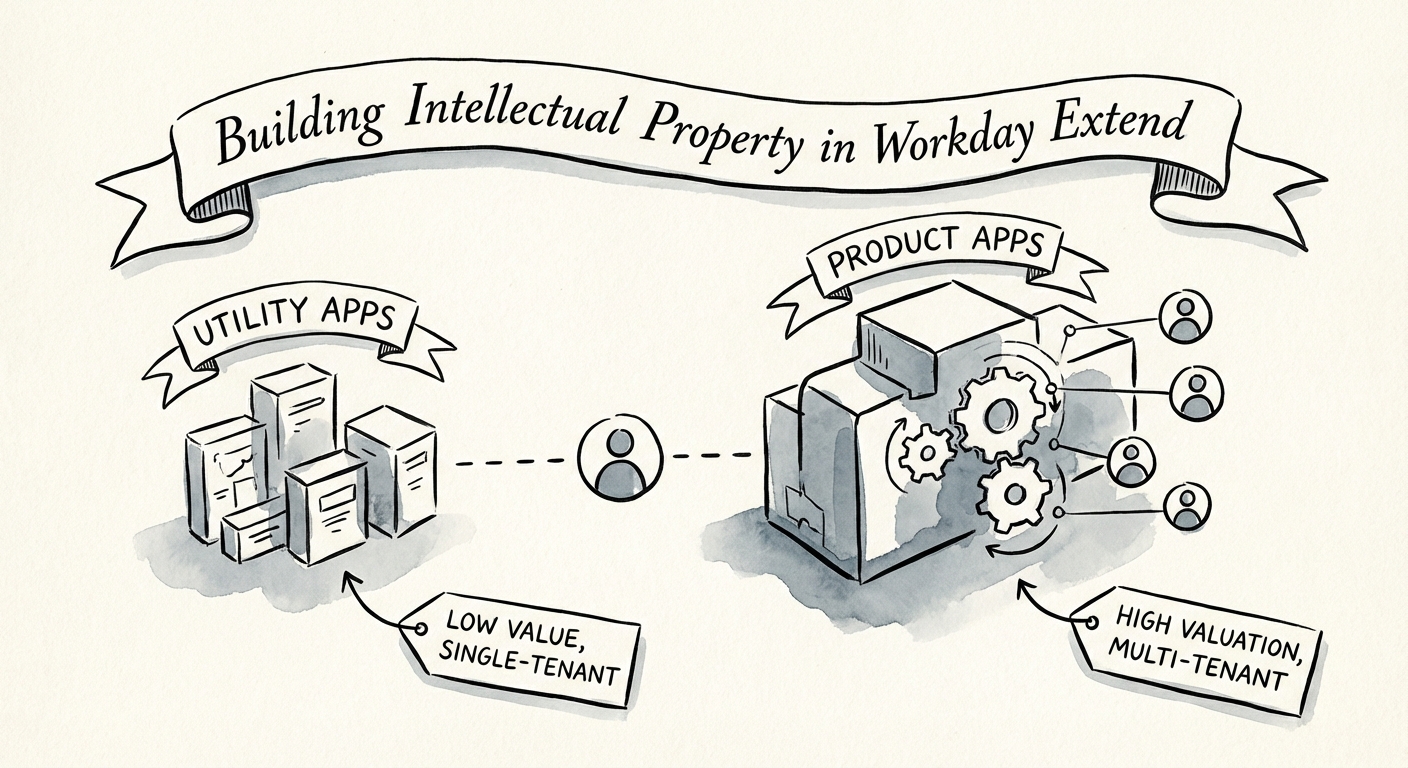 Diagram contrasting 'Utility' apps (single-tenant, low value) vs 'Product' apps (multi-tenant, high valuation) in the Workday ecosystem.