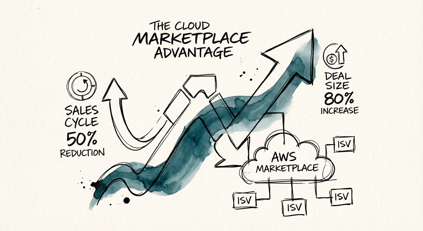 Chart showing 50% sales cycle reduction and 80% deal size increase for Marketplace transactions.