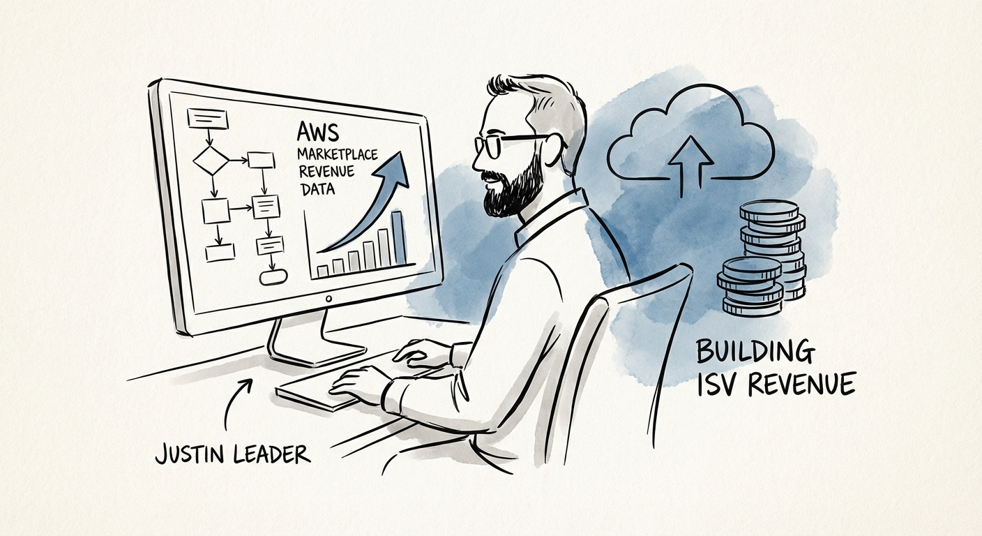 Justin Leader analyzing AWS Marketplace revenue data on a digital dashboard.