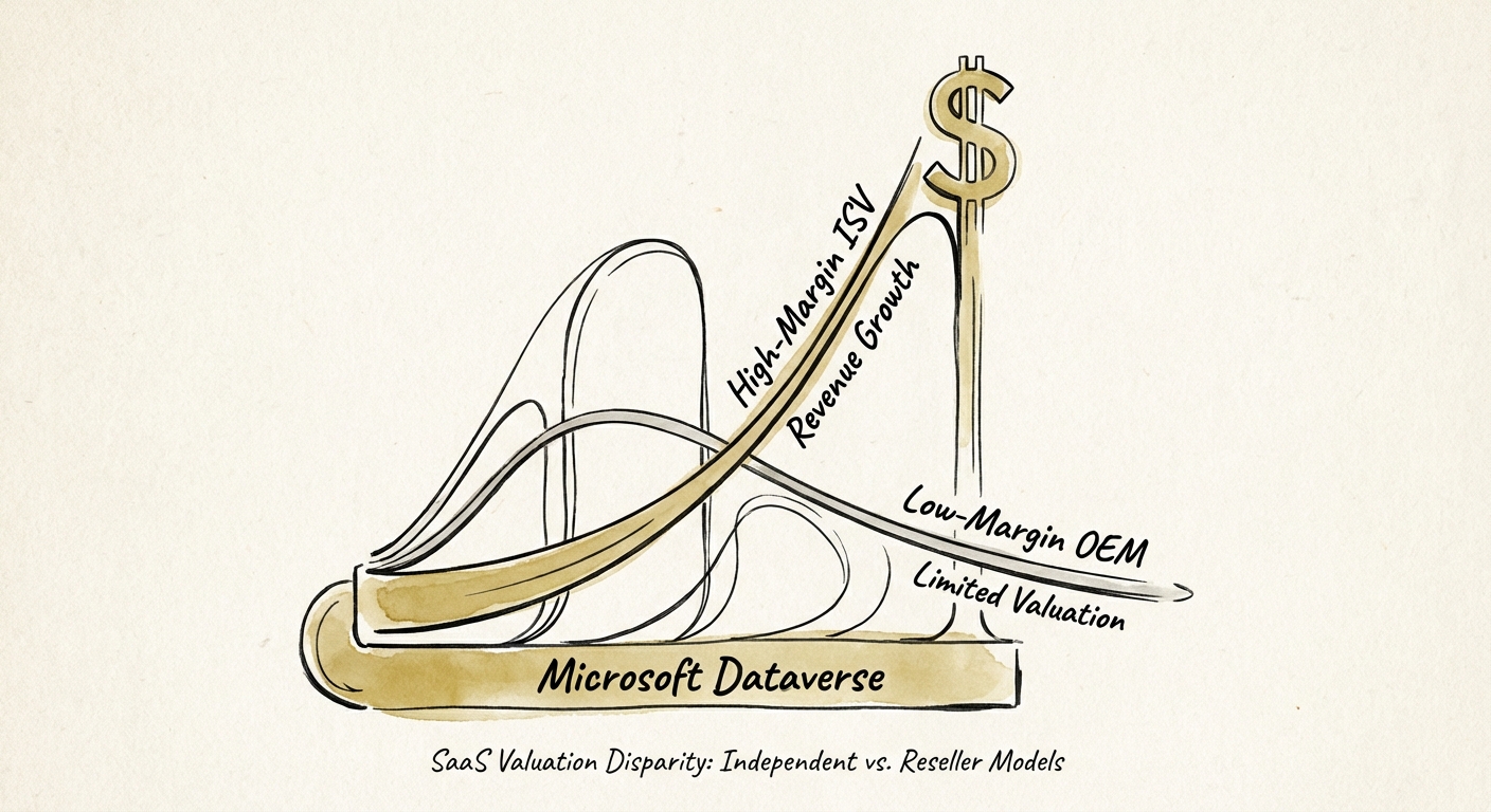 Chart showing SaaS valuation multiple disparity between high-margin independent ISVs and low-margin OEM resellers.